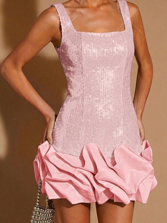 Dresses & Skirts - Pink Party Women's Square Neck Sequin Patchwork Bodycon Mini Dress